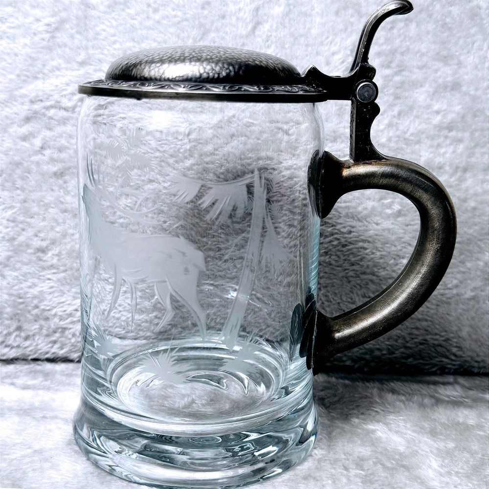 Beer Stein Vintage Etched Glass Pewter Lid Stag Deer Forest Scene German Style‎